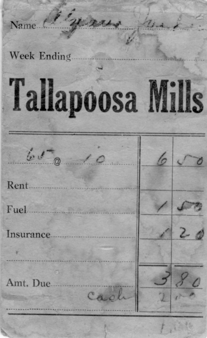 Photo of a Tallapoosa Mill Paycheck