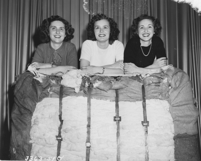 Photo of three women posing with a cotton bale