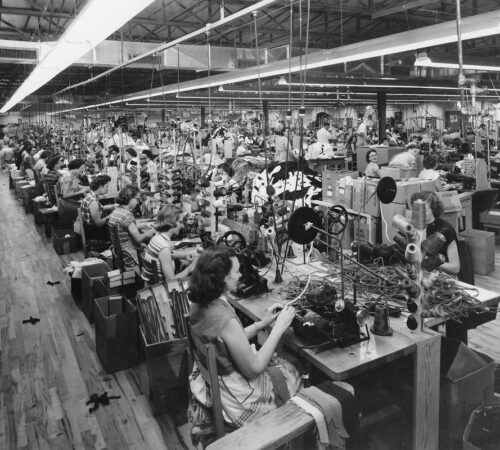 Photo of Women sew zippers in men's slacks at the Sewell Manufacturing Company plant in Temple, Georgia, in the summer of 1954