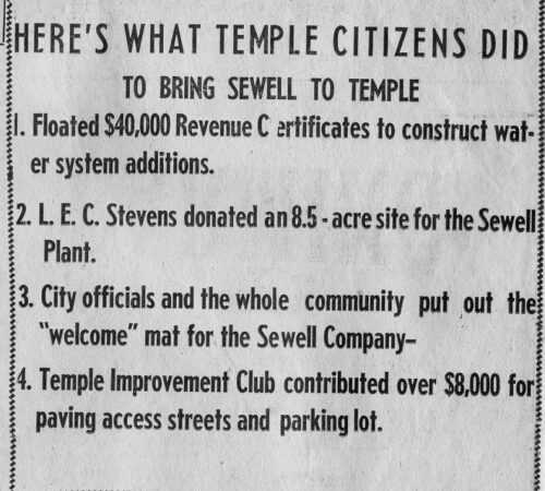 Photo of a newspaper clipping state what the citizens of Temple did to get Sewell to setup there