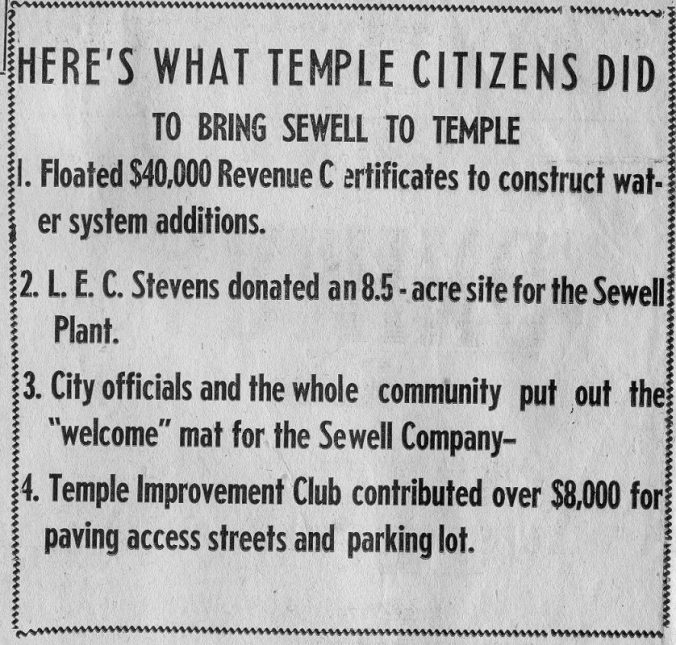Photo of a newspaper clipping state what the citizens of Temple did to get Sewell to setup there
