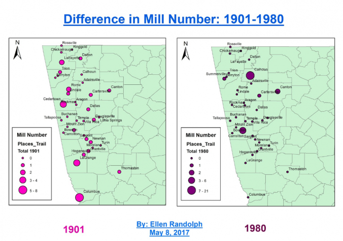 Map displaying the Difference in Mill Number 1901-1980
