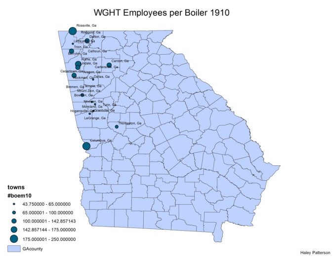 Map showing number of West Georgia Heritage Trail Employees per Boiler (1910)